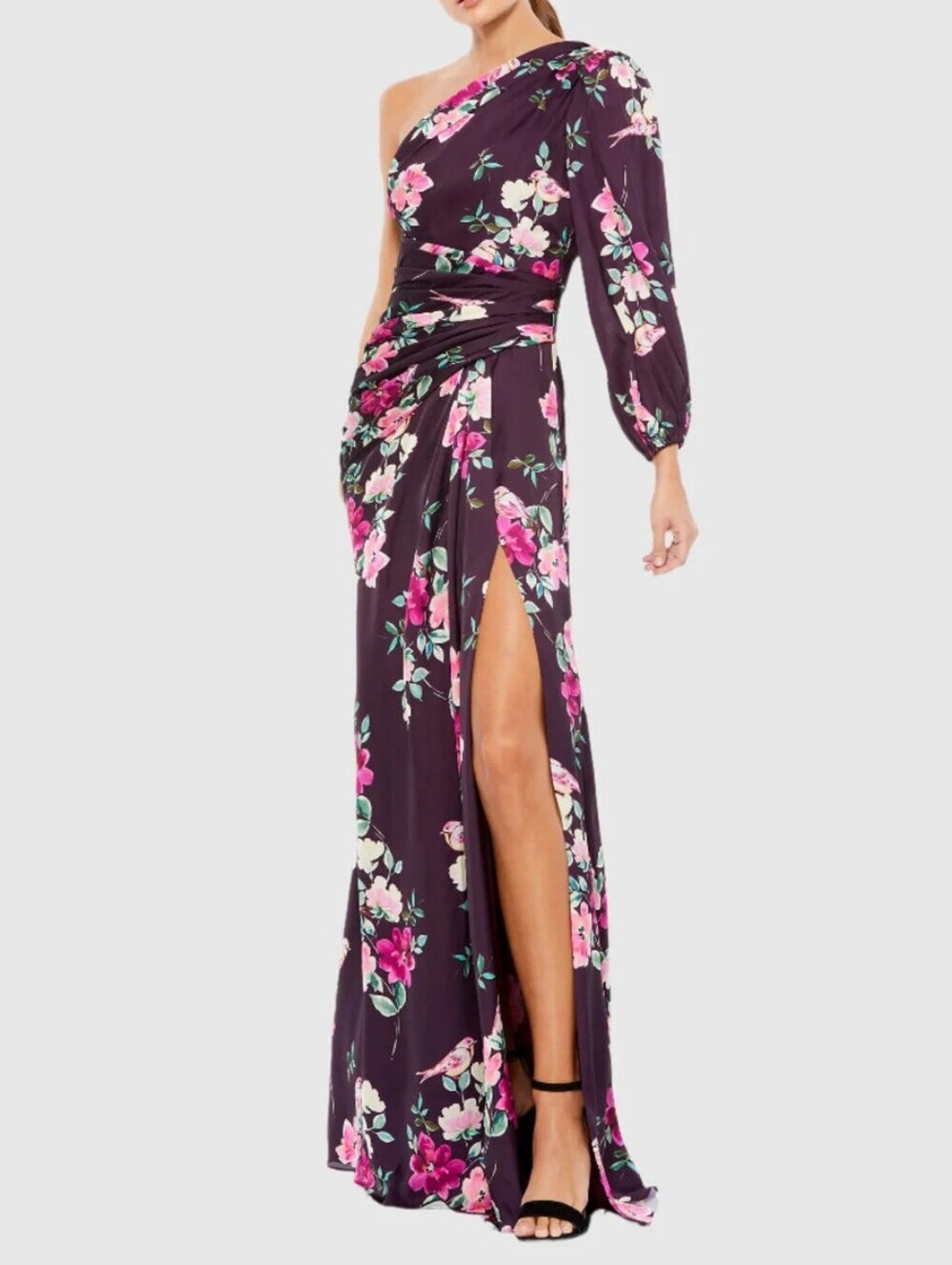 MAC DUGGAL One-Shoulder Plum Floral Gown with Pink Blooms..Size:L